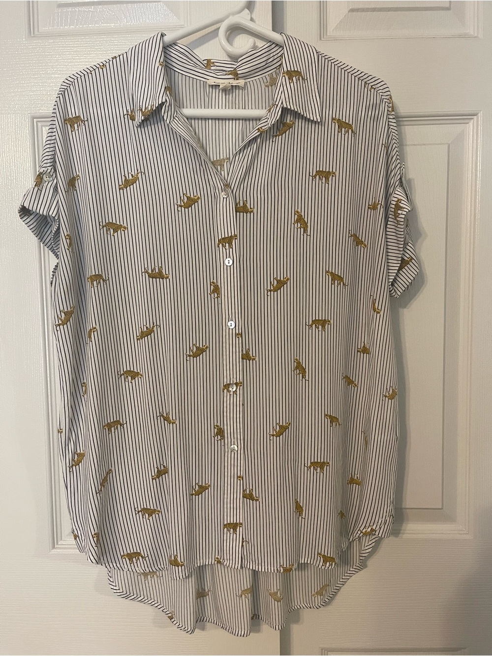 Jane and Delancey White Striped Button-Down with Gold Leopard Print